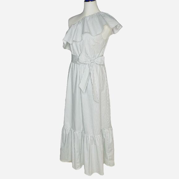 Express Striped One Shoulder Ruffle Tie Waist Poplin Maxi Dress - Picture 4 of 9
